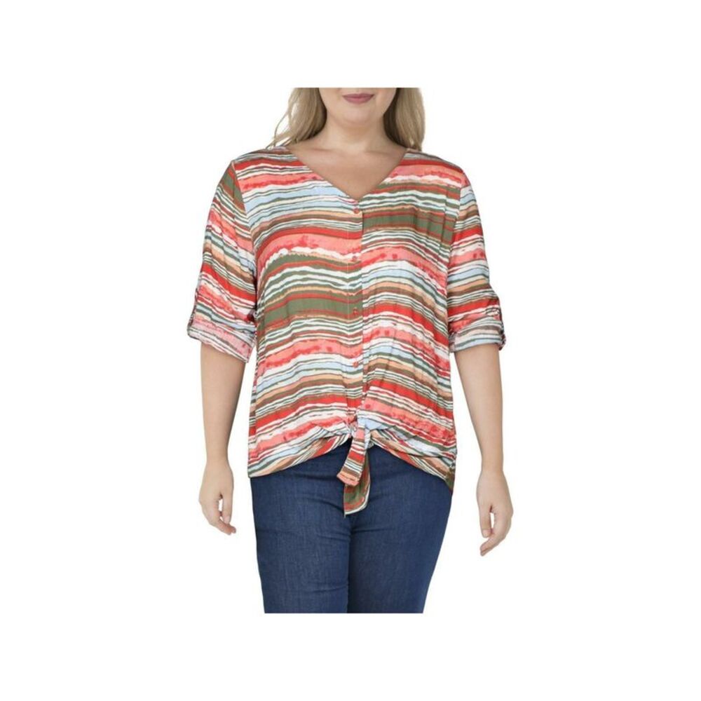 A + A COLLECTION Womens Coral Roll-tab Sleeve V Neck Button Up Top S